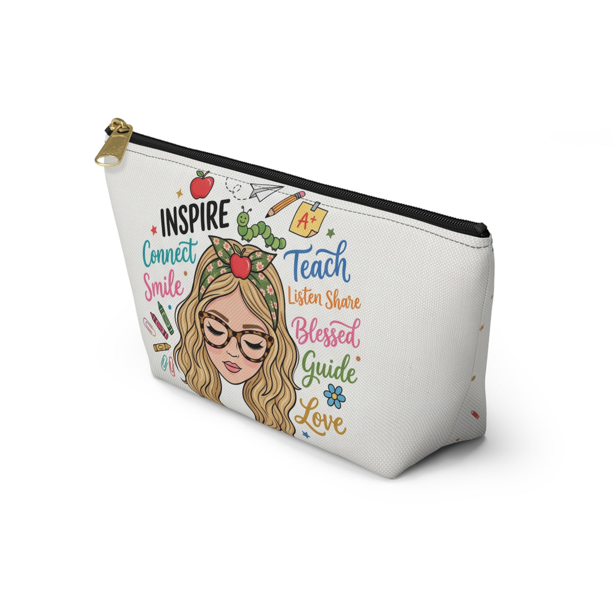 Inspire Teach Blonde Illustrated Teacher Pouch — T-Bottom Zipper Bag