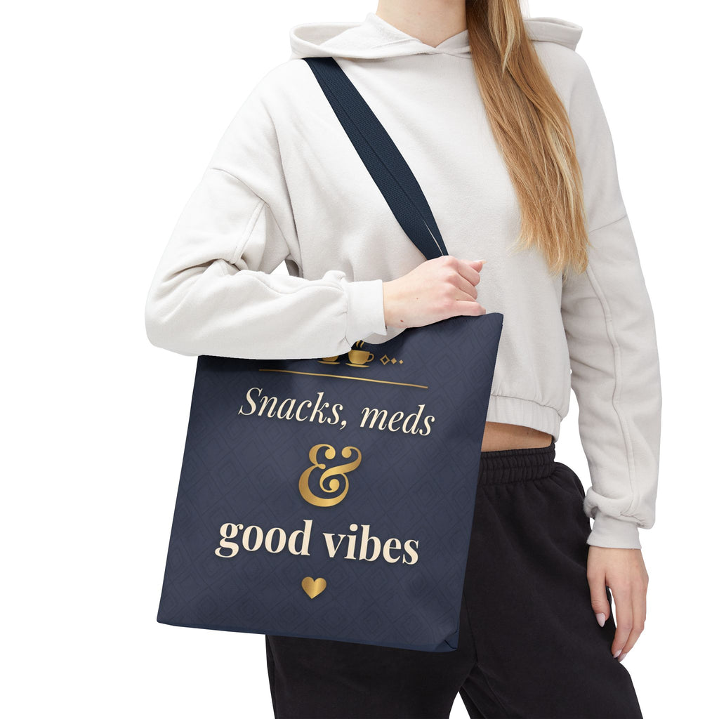 Snacks Meds & Good Vibes Tote | Funny Nurse Gift Tote Bag | Healthcare Worker Humour Gift | Premium Polyester Carry-All
