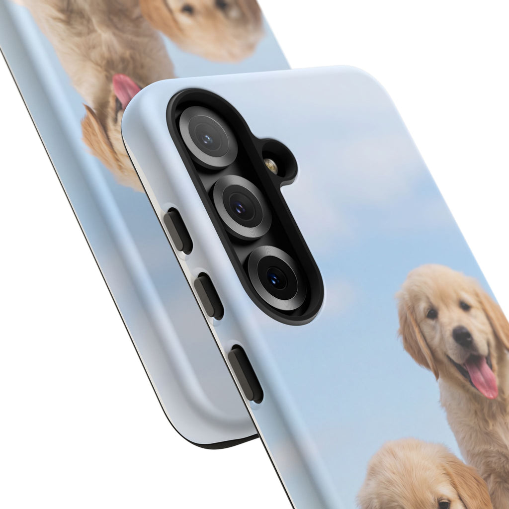 Golden Retriever Puppies on Barrel Phone Case | Cute Duo Under Blue Sky | iPhone & Samsung