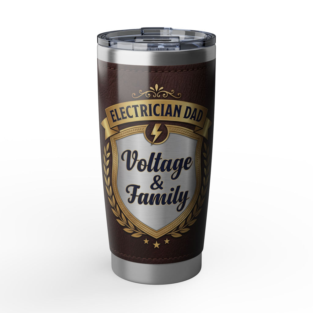 Electrician Dad Tumbler – "Voltage & Family" Leather Crest Design 20 oz