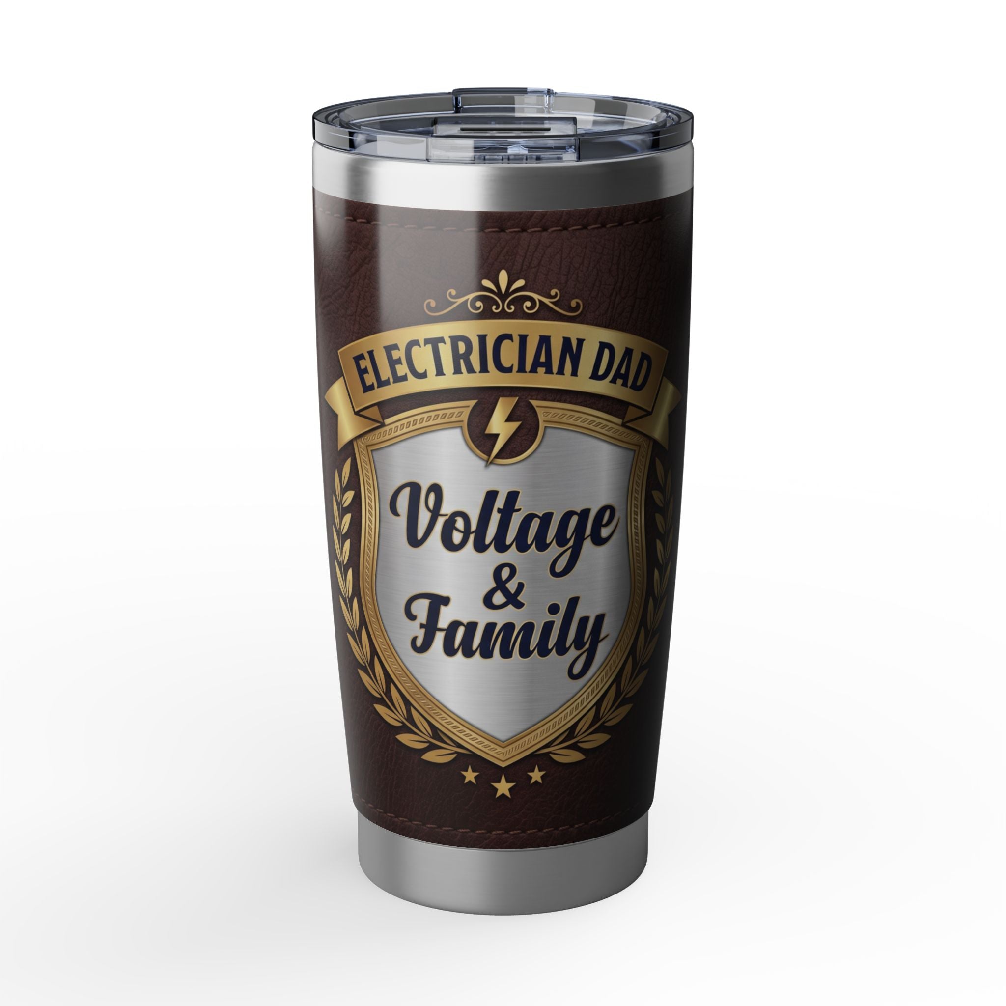 Electrician Dad Tumbler – "Voltage & Family" Leather Crest Design 20 oz
