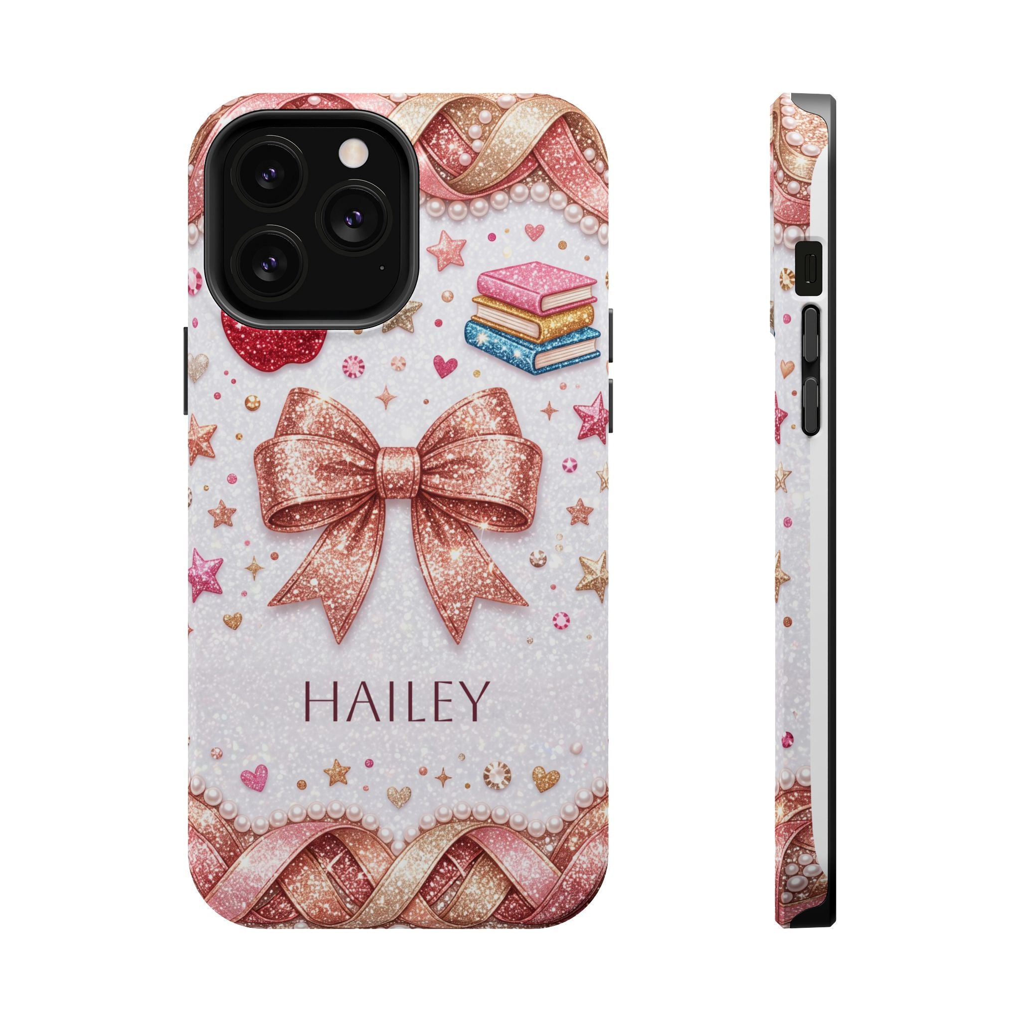 Rose Gold Glitter Bow Personalized Teacher Phone Case — Wireless Charging Cover