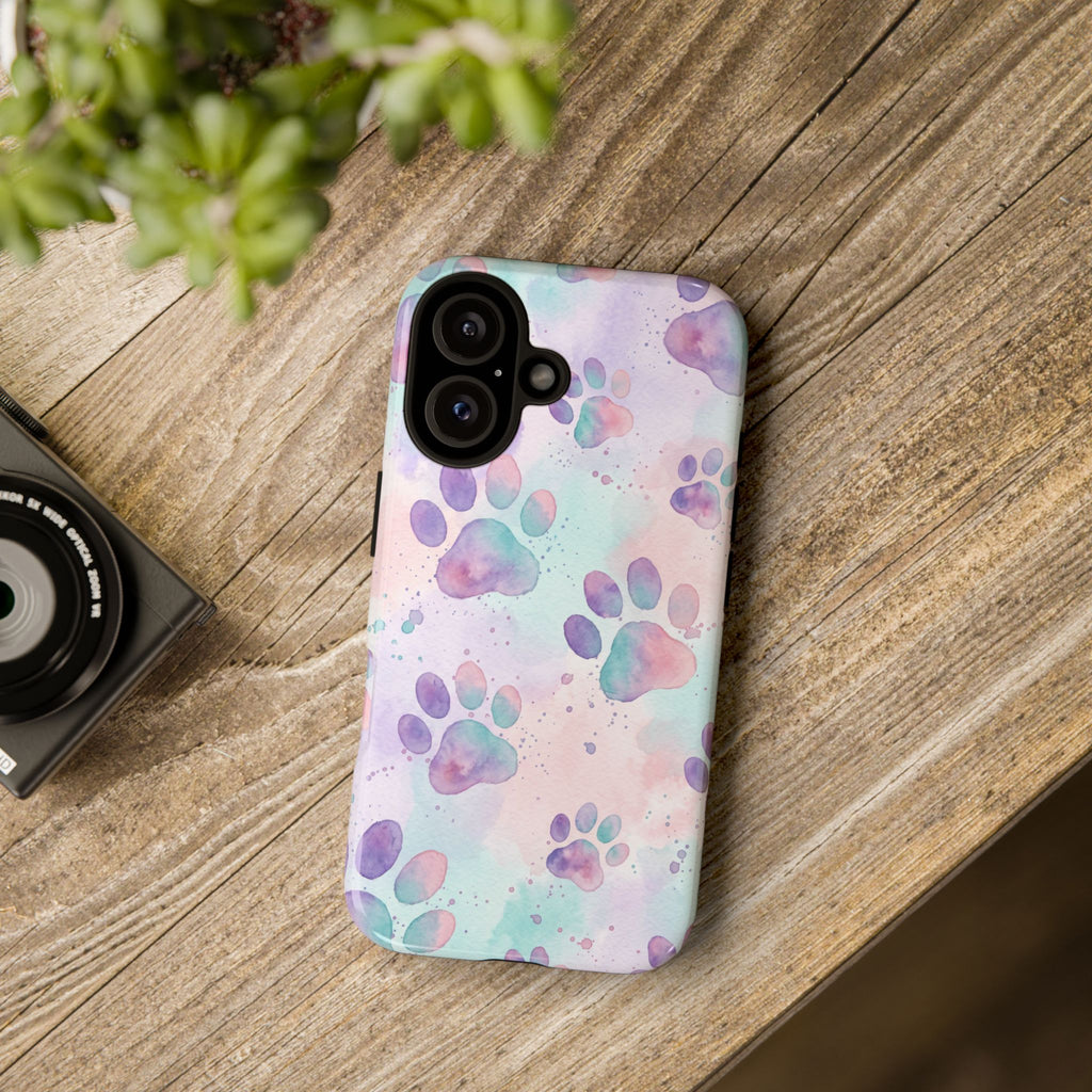 Watercolor Paw Print Phone Case | Pastel Purple, Teal & Pink Artistic Pattern | Samsung & iPhone