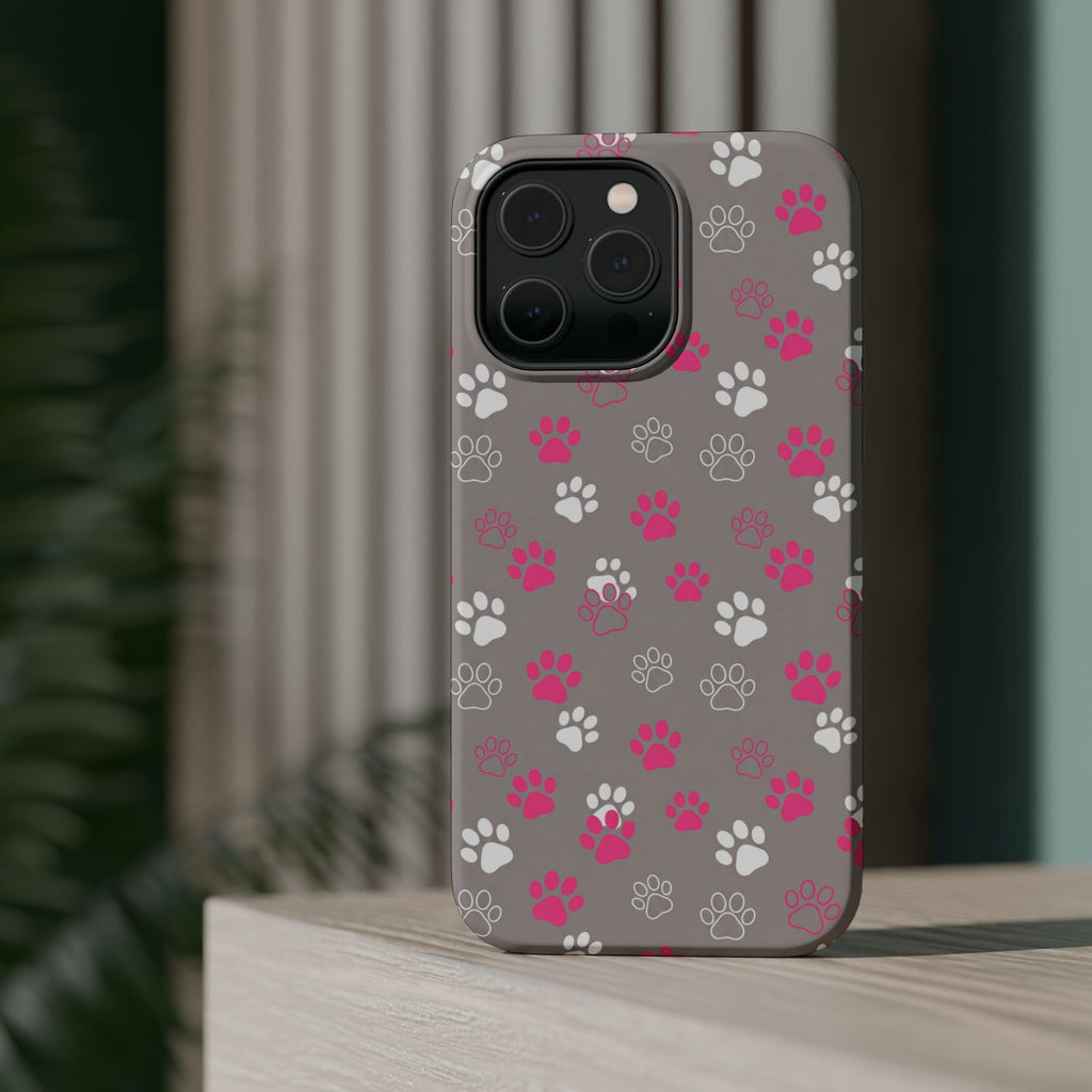 Pink & White Paw Print Phone Case — Impact-Resistant Wireless Charging Cover