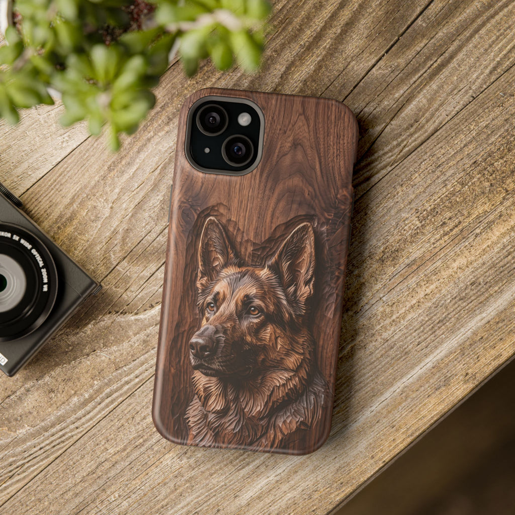 German Shepherd Phone Case | Carved Walnut Art — Tough Magnetic Case with Wireless Charging