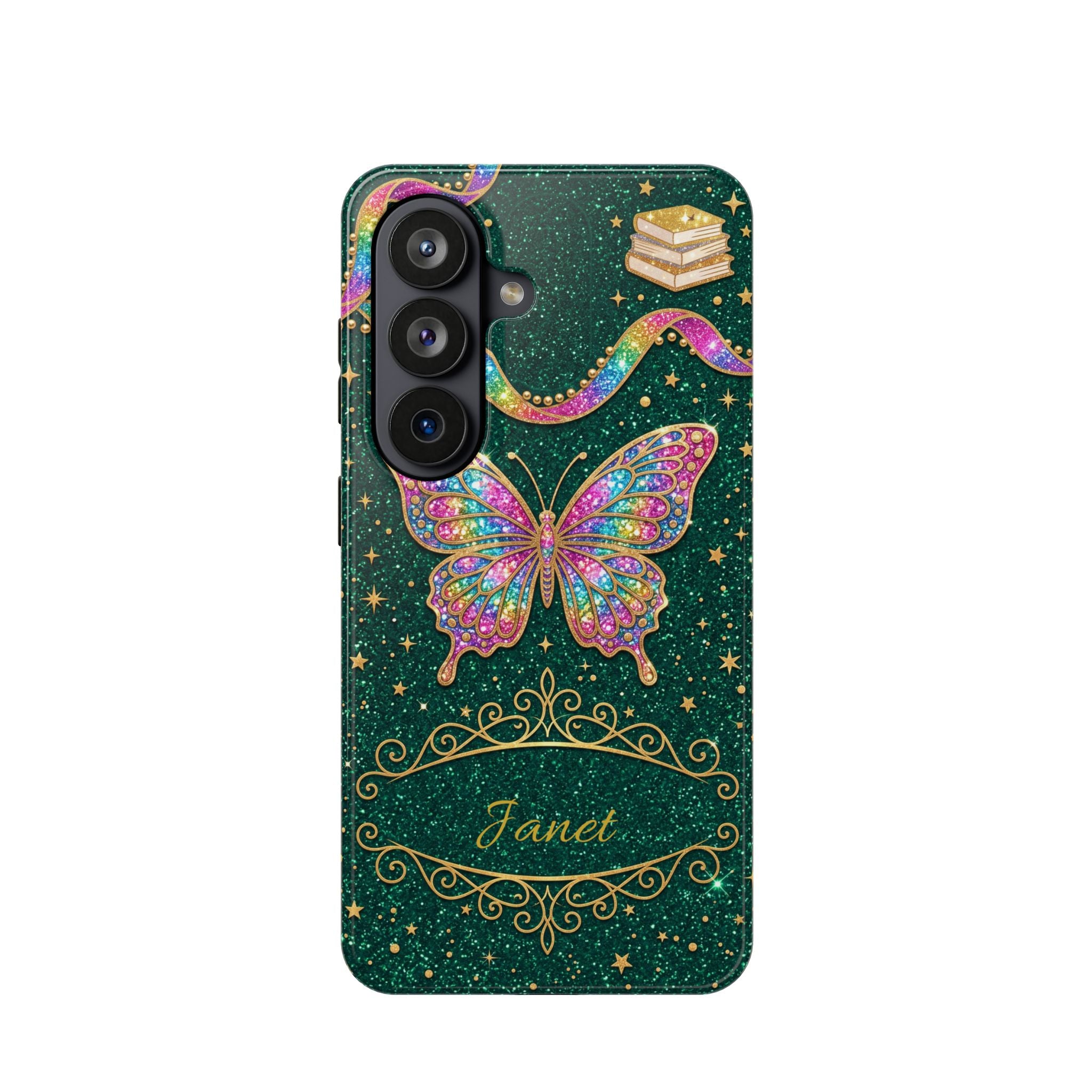 Rainbow Glitter Butterfly Personalized Teacher Phone Case — Wireless Charging Cover