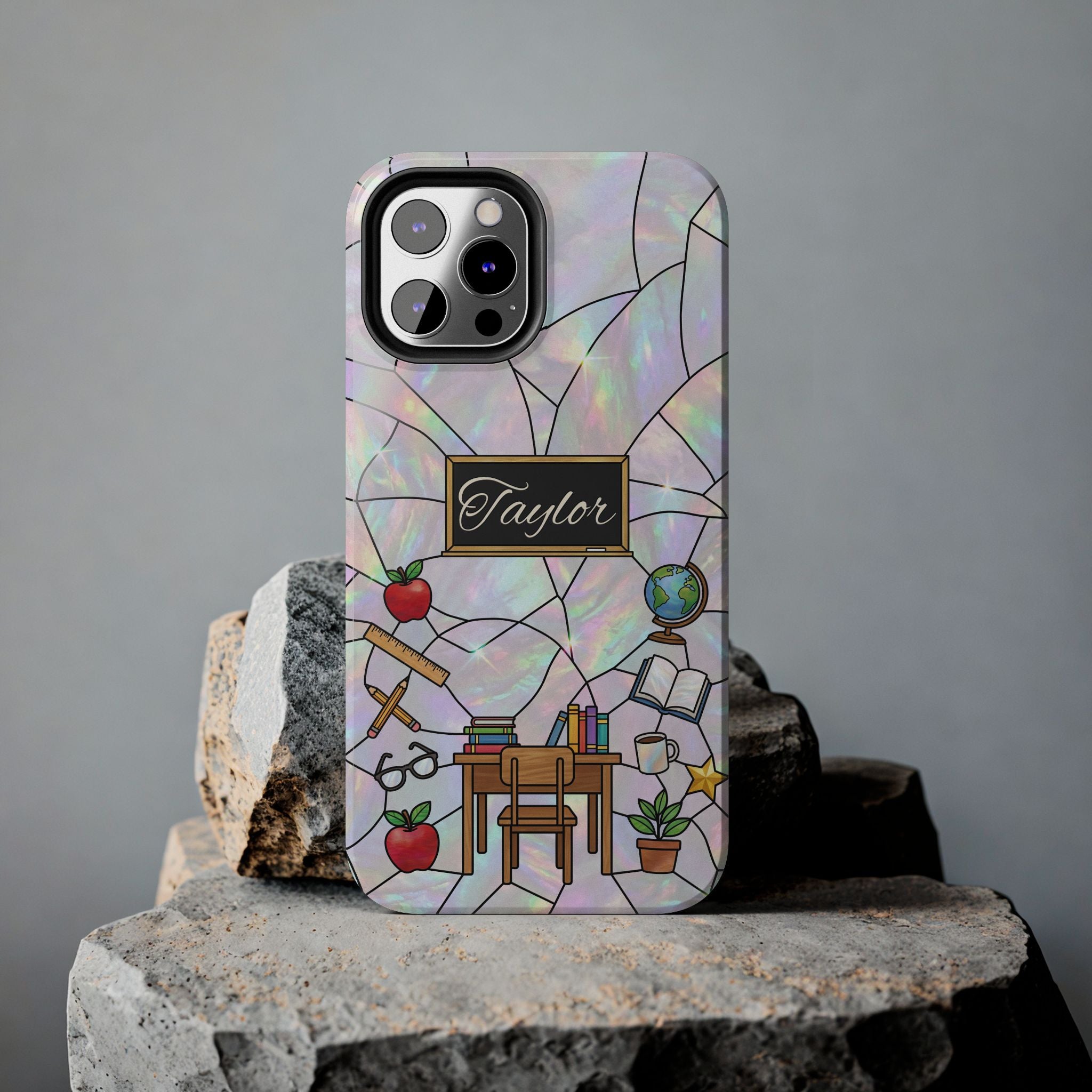 Personalized Teacher Phone Case — Custom Name Stained Glass Classroom Design