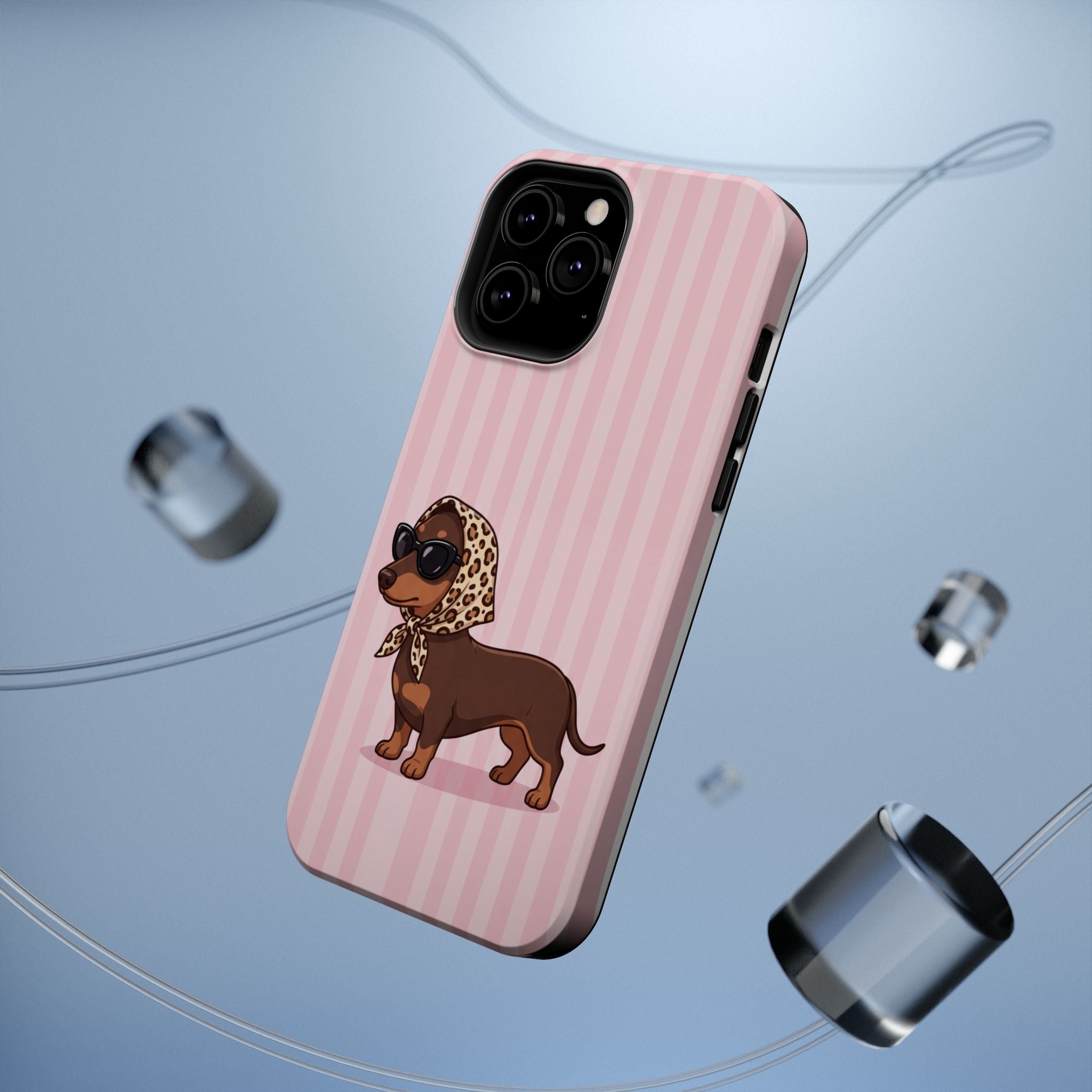 Glam Dachshund Phone Case | Cute Sausage Dog in Leopard Scarf & Sunglasses | Pink Stripe Case for iPhone & Samsung
