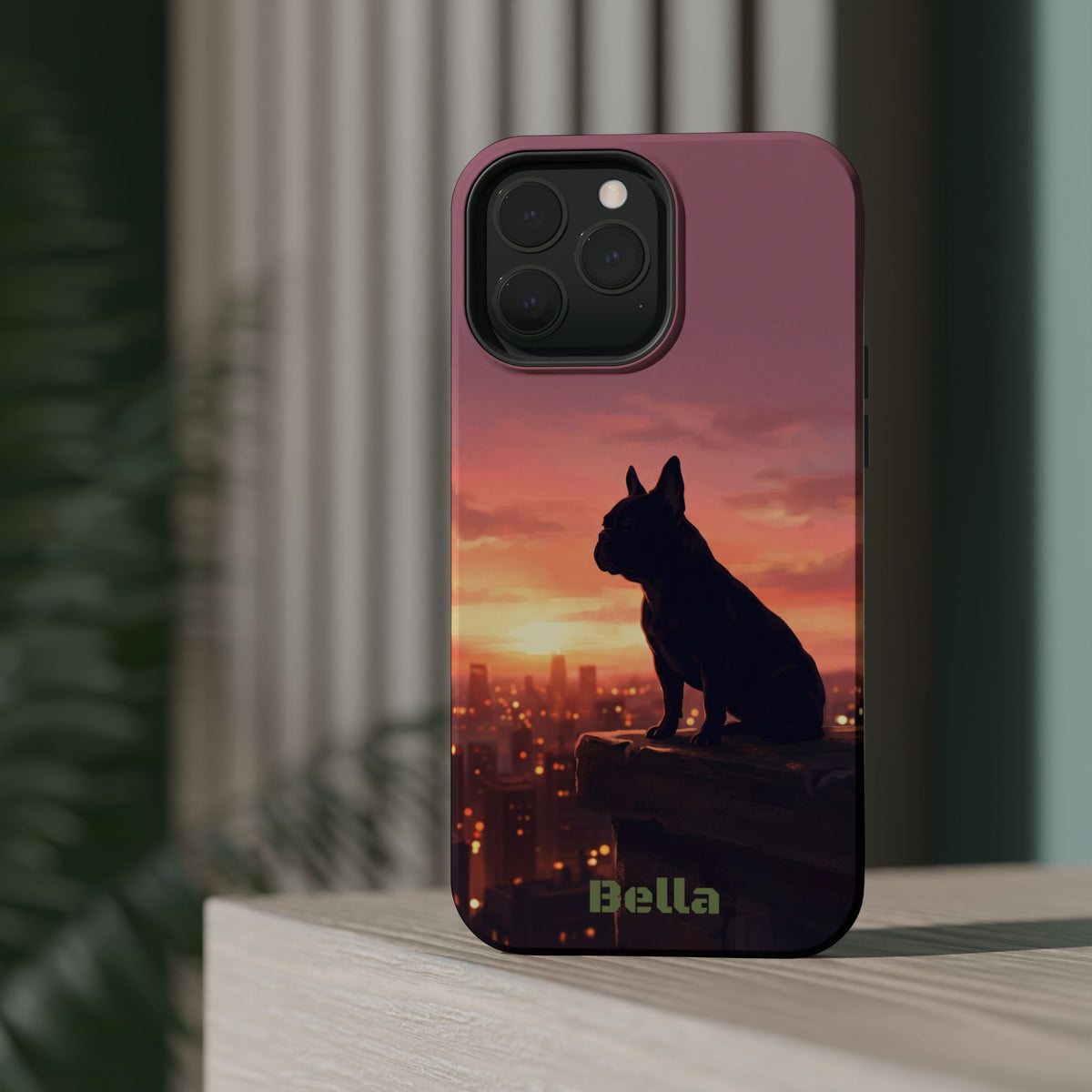 Personalized French Bulldog City Skyline Sunset Phone Case — Wireless Charging Cover
