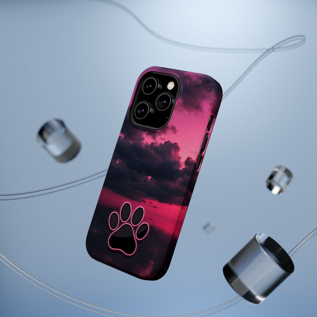 iPhone & Samsung Magnetic Impact-Resistant Phone Case — Pink Twilight Cloud with Paw Print