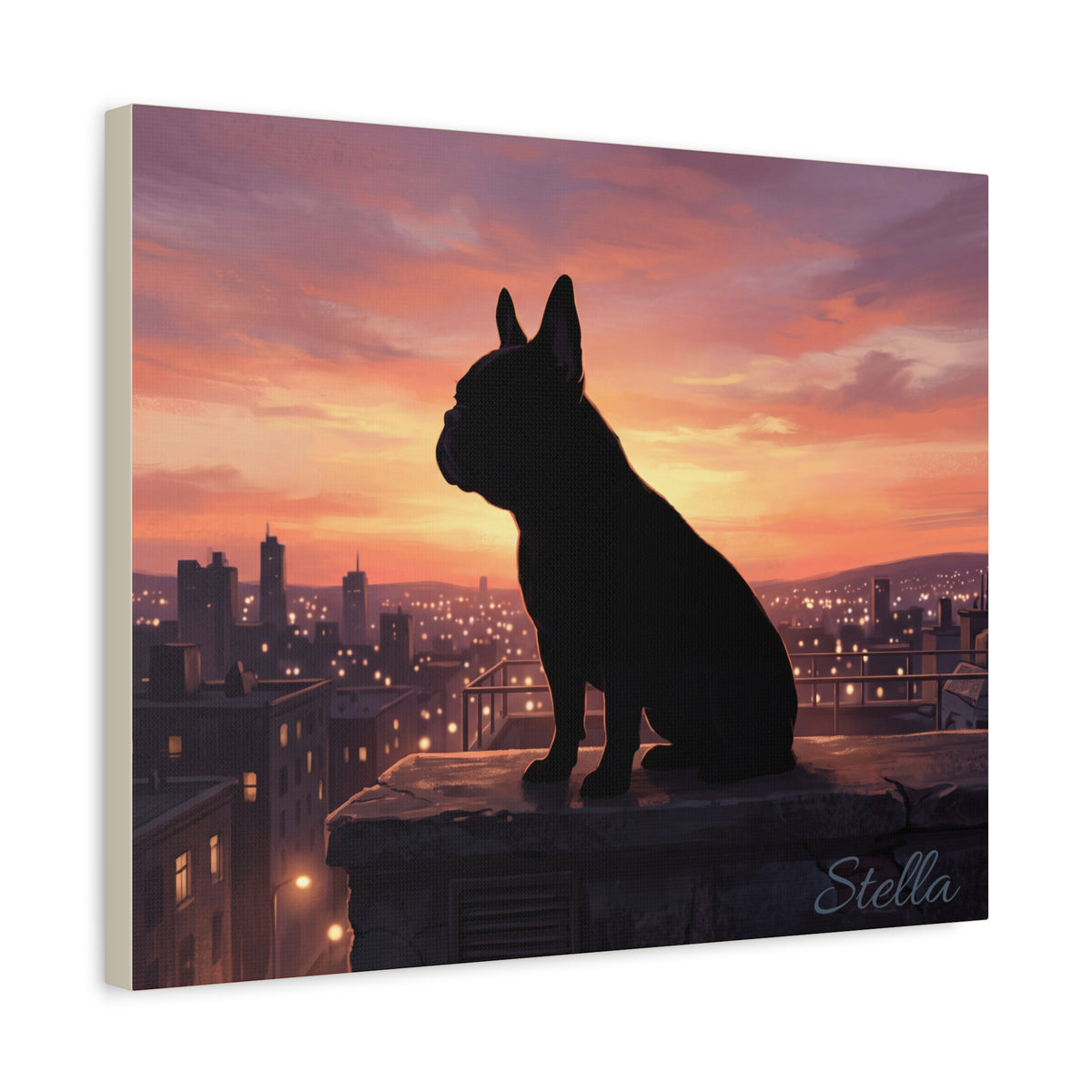 French Bulldog Silhouette Personalized Canvas | Sunset City Skyline Wall Art
