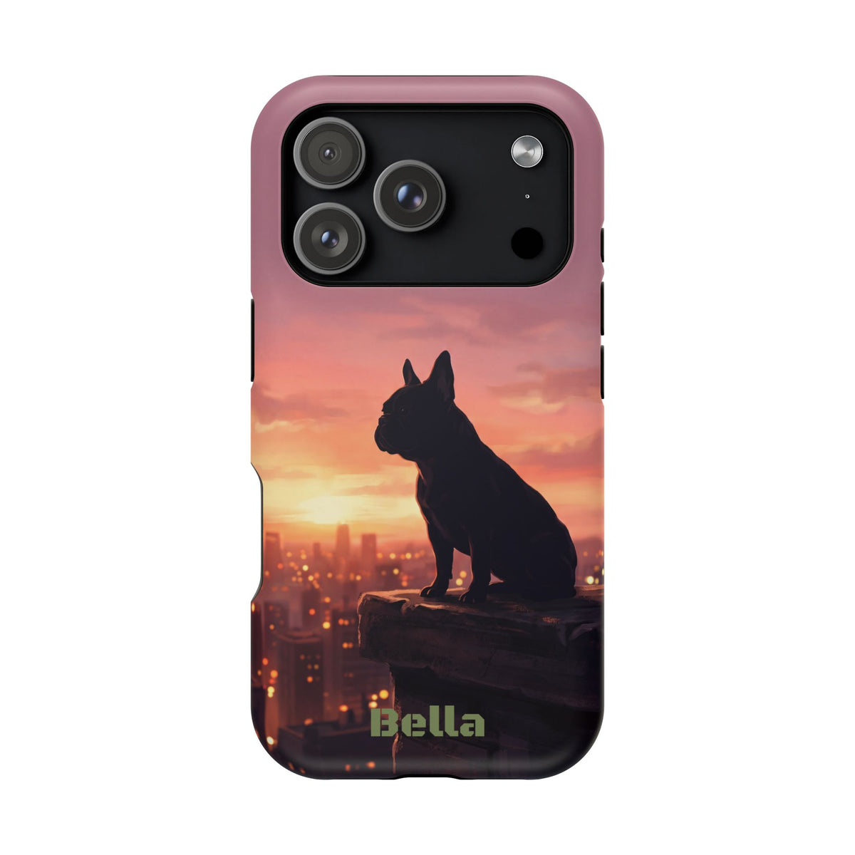 Personalized French Bulldog City Skyline Sunset Phone Case — Wireless Charging Cover
