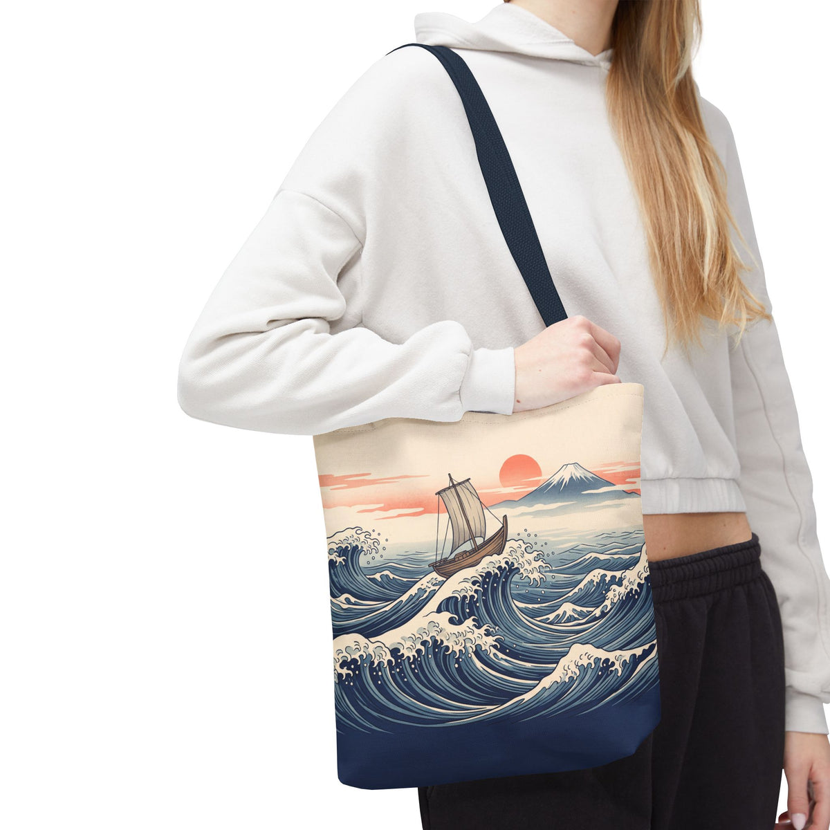 Japanese Wave Sailboat Tote Bag – Woodblock Style Ocean Beach Bag