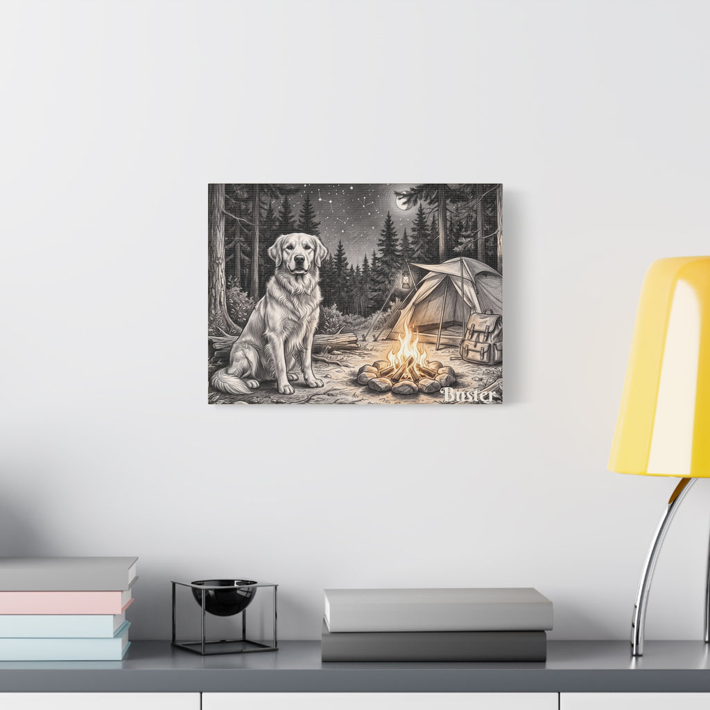 Golden Retriever Campfire Sketch Personalized Canvas | Night Camping Wall Art