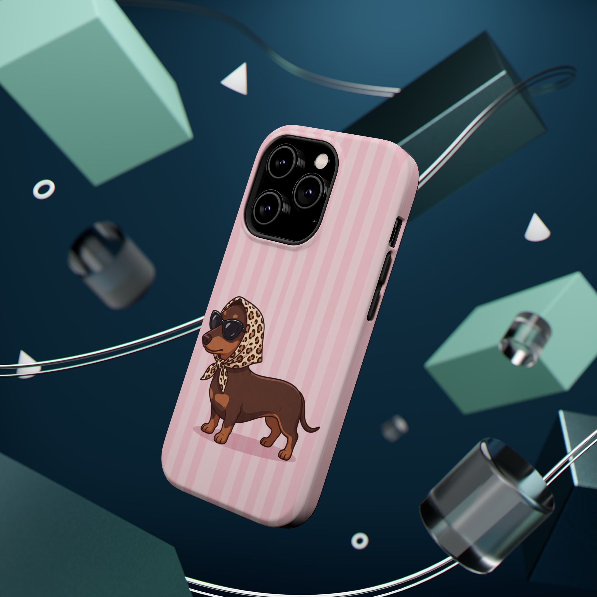 Glam Dachshund Phone Case | Cute Sausage Dog in Leopard Scarf & Sunglasses | Pink Stripe Case for iPhone & Samsung