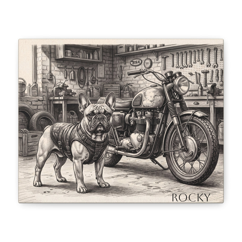 French Bulldog Motorcycle Garage Sketch Personalized Canvas | Vintage Biker Wall Art