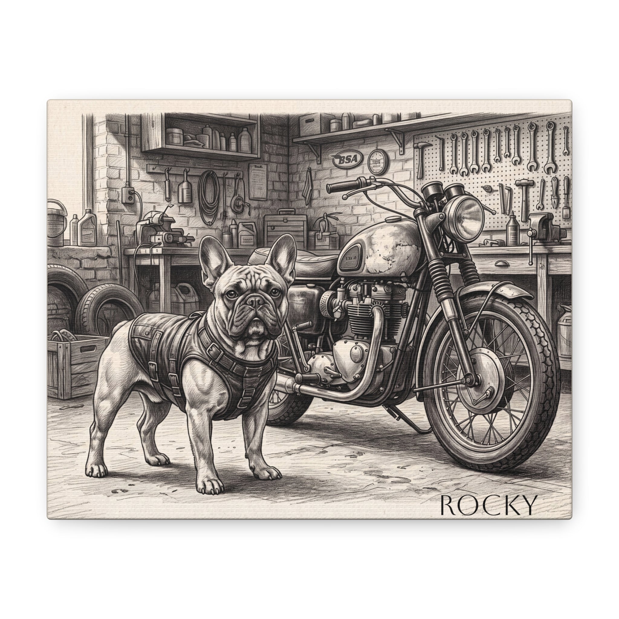 French Bulldog Motorcycle Garage Sketch Personalized Canvas | Vintage Biker Wall Art