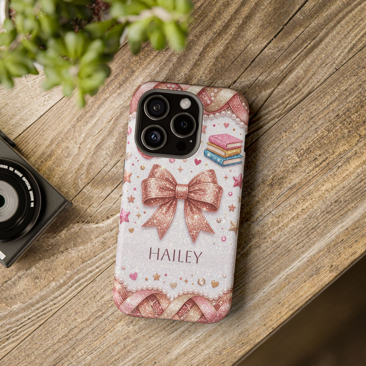 Rose Gold Glitter Bow Personalized Teacher Phone Case — Wireless Charging Cover