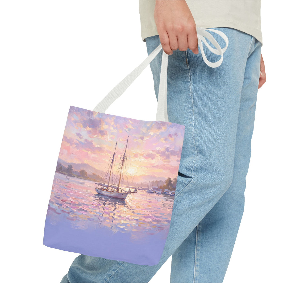 Pastel Sailboat Tote Bag – Impressionist Sunset Harbor Beach Bag