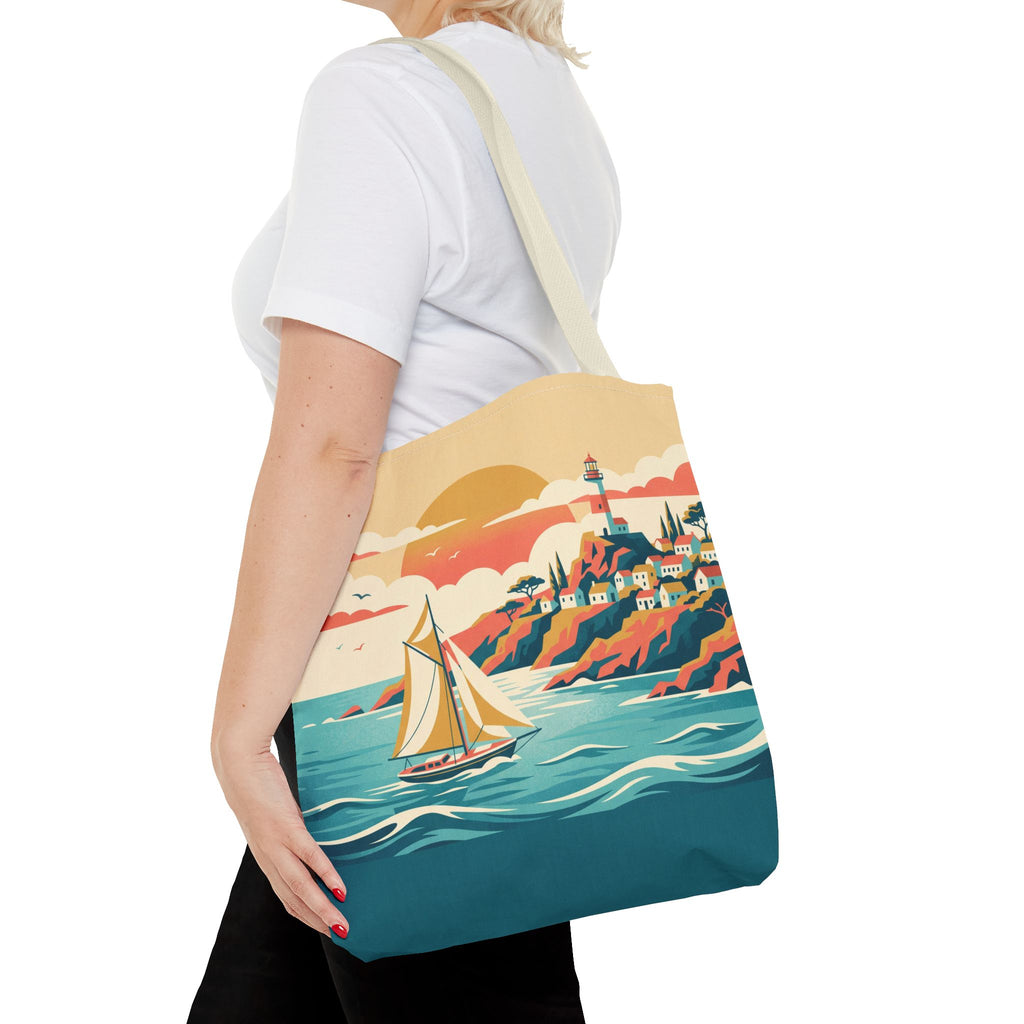 Coastal Lighthouse Sailboat Tote Bag – Retro Seaside Sunset Beach Bag