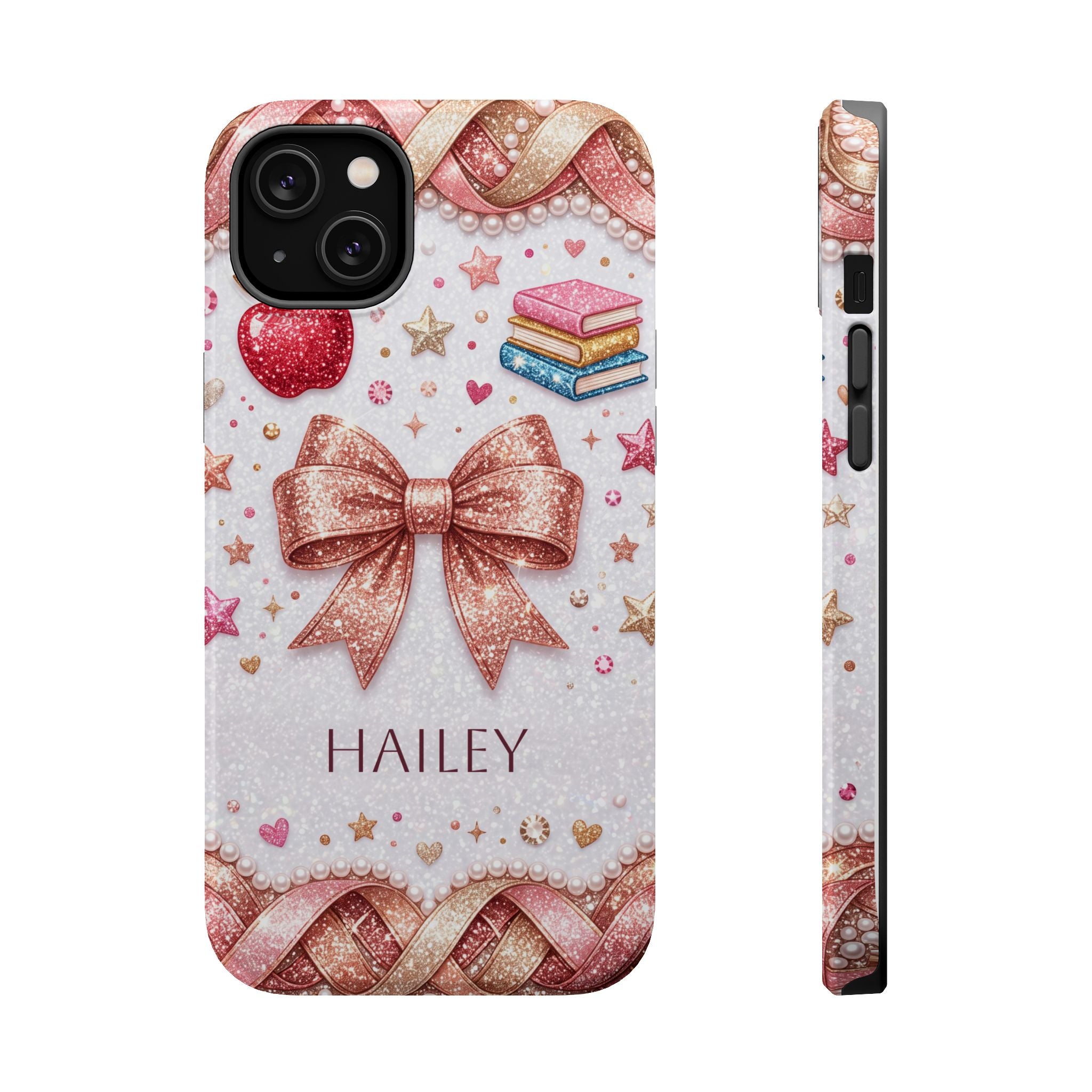 Rose Gold Glitter Bow Personalized Teacher Phone Case — Wireless Charging Cover