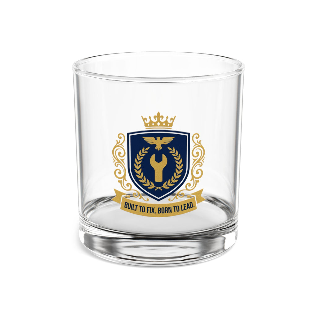 Built To Fix Born To Lead Crest Rocks Glass 10oz — Navy & Gold Plumber Glass