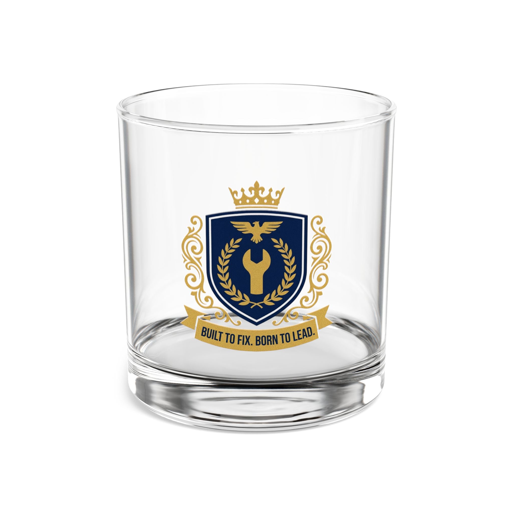 Built To Fix Born To Lead Crest Rocks Glass 10oz — Navy & Gold Plumber Glass