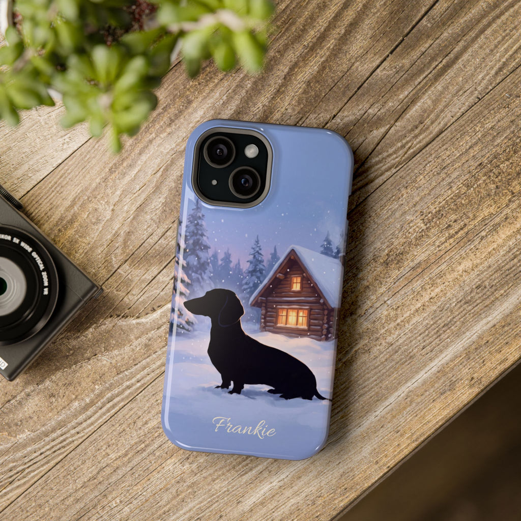 Personalized Dachshund Winter Cabin Phone Case — Wireless Charging Cover