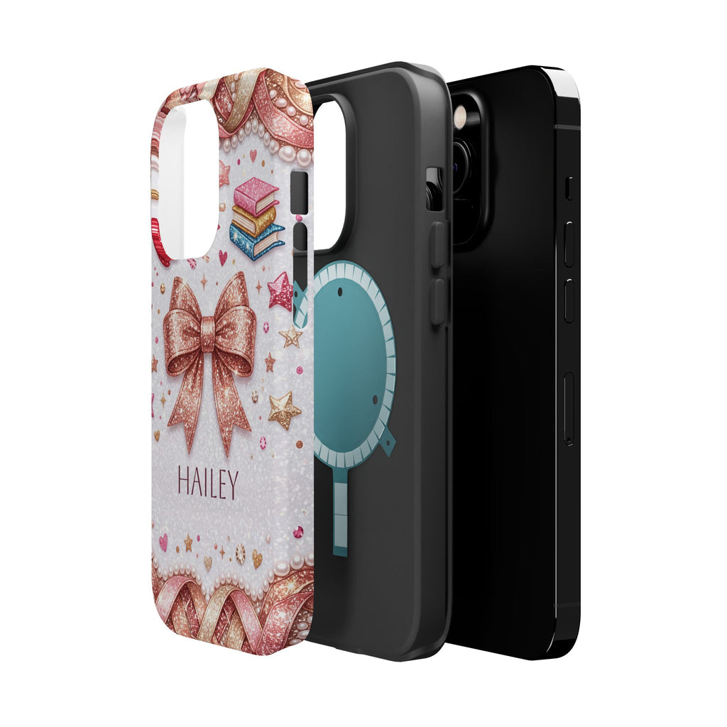 Rose Gold Glitter Bow Personalized Teacher Phone Case — Wireless Charging Cover