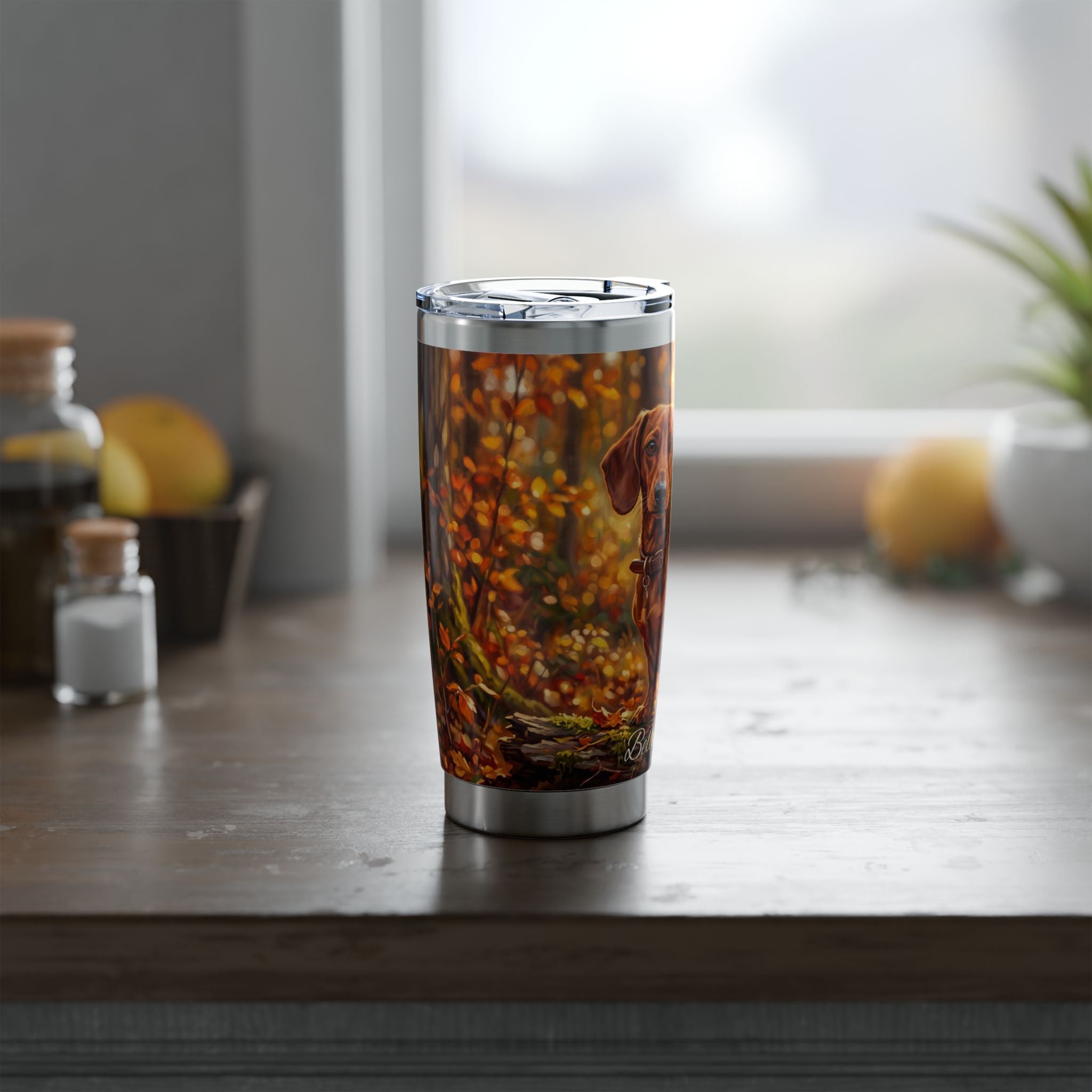 Dachshund Autumn Portrait Stainless Tumbler — 20oz Personalized Travel Mug with Golden Forest Design