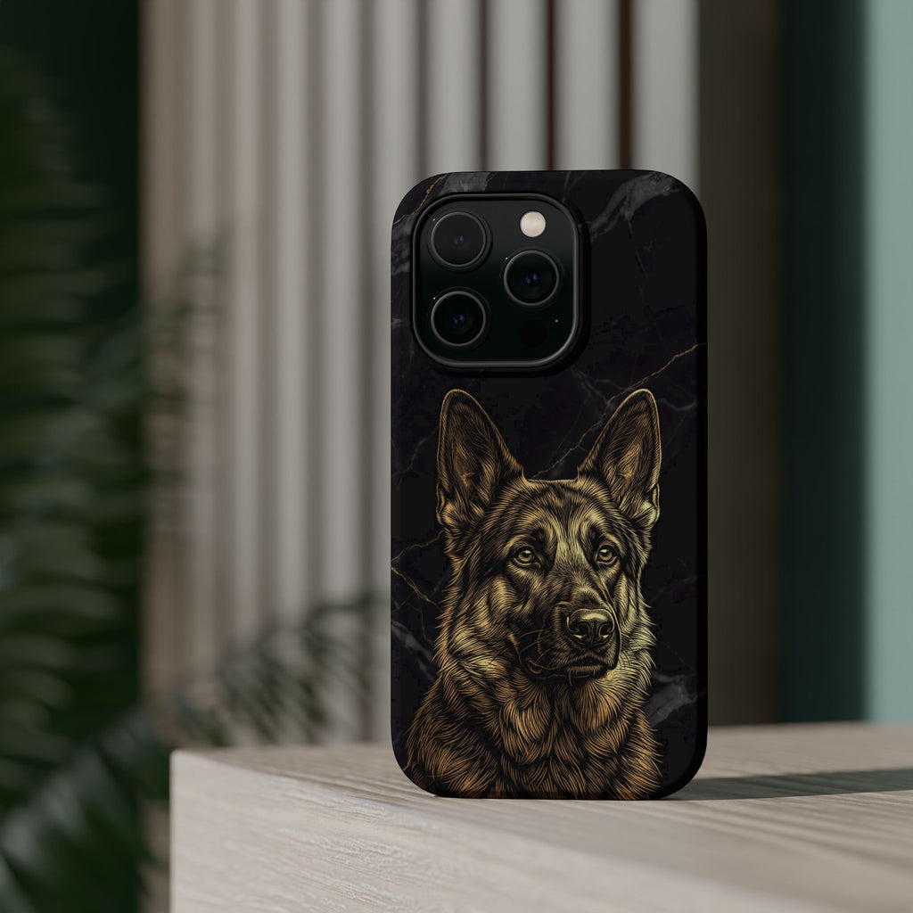 German Shepherd Phone Case | Black Marble Gold Sketch Art — Tough Magnetic Case with Wireless Charging