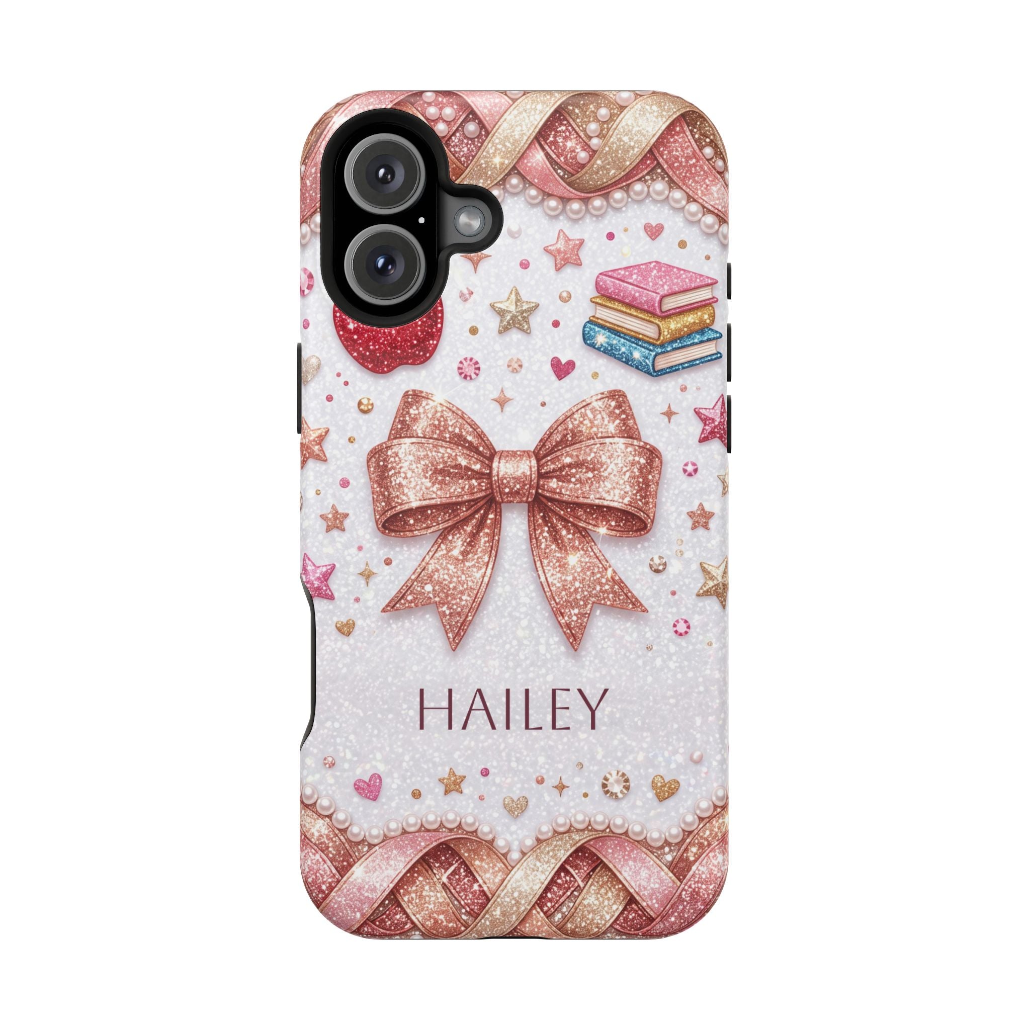 Rose Gold Glitter Bow Personalized Teacher Phone Case — Wireless Charging Cover