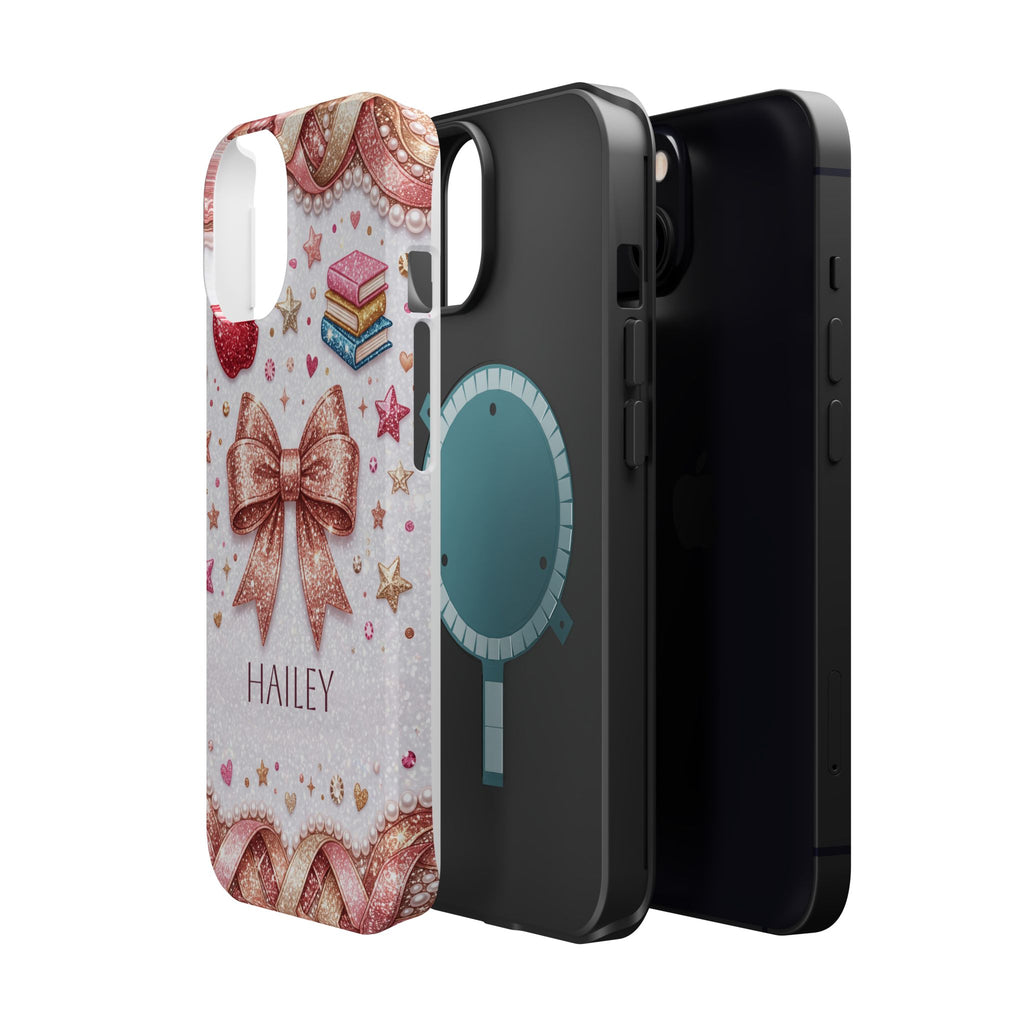 Rose Gold Glitter Bow Personalized Teacher Phone Case — Wireless Charging Cover