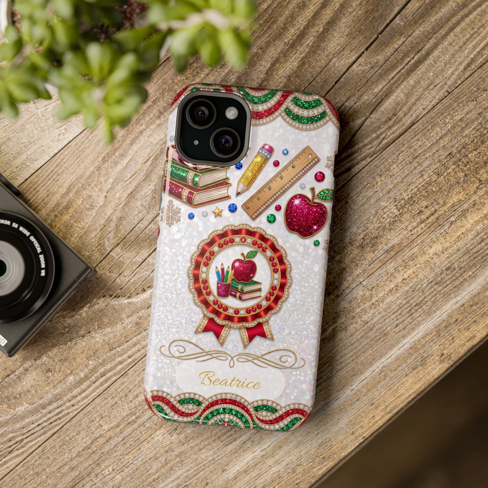 Jeweled Apple Medallion Personalized Teacher Phone Case — Wireless Charging Cover