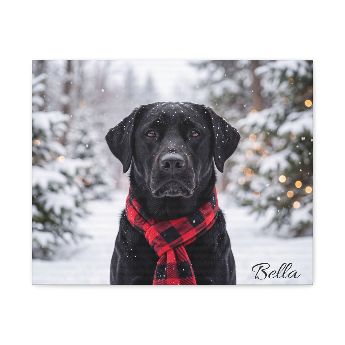 Black Labrador Personalized Canvas | Snowy Christmas Plaid Scarf Wall Art