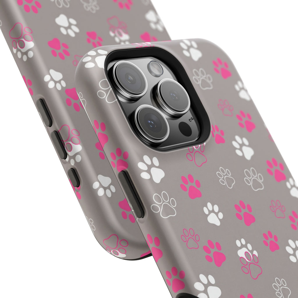 Pink & White Paw Print Phone Case — Impact-Resistant Wireless Charging Cover