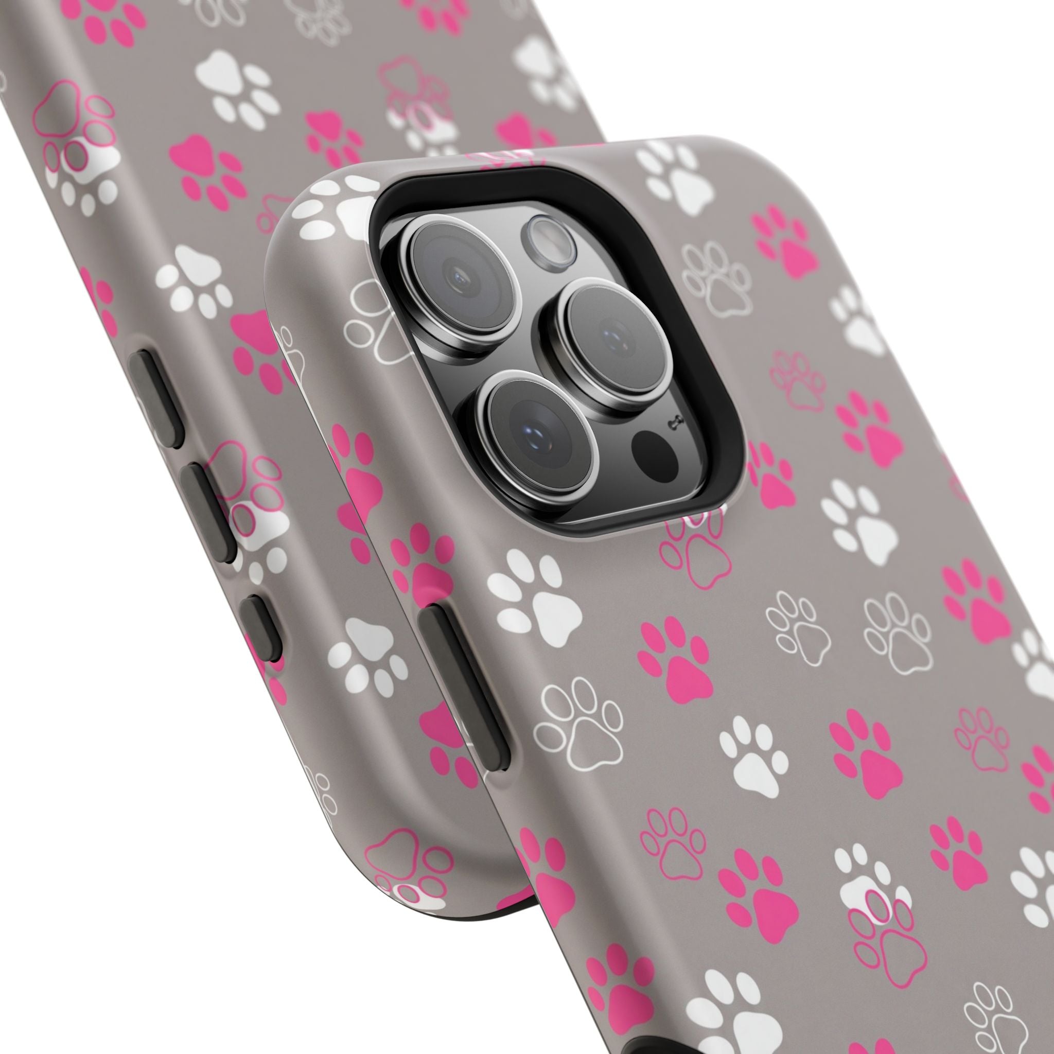 Pink & White Paw Print Phone Case — Impact-Resistant Wireless Charging Cover