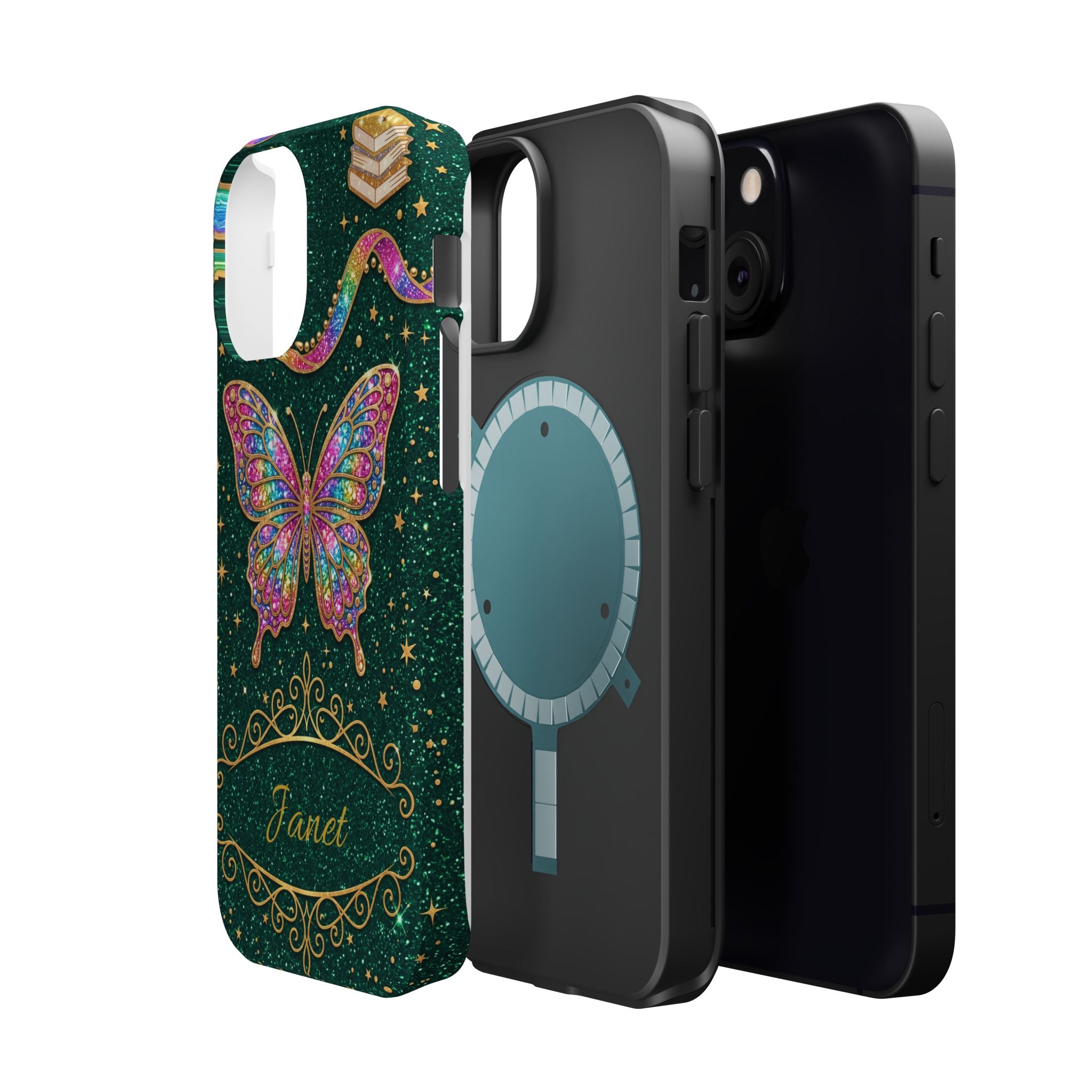 Rainbow Glitter Butterfly Personalized Teacher Phone Case — Wireless Charging Cover