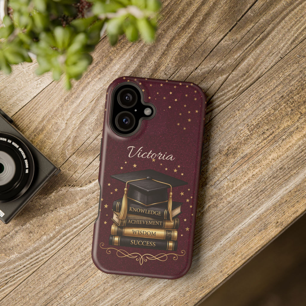 Graduation Cap & Books Personalized Teacher Phone Case — Wireless Charging Cover