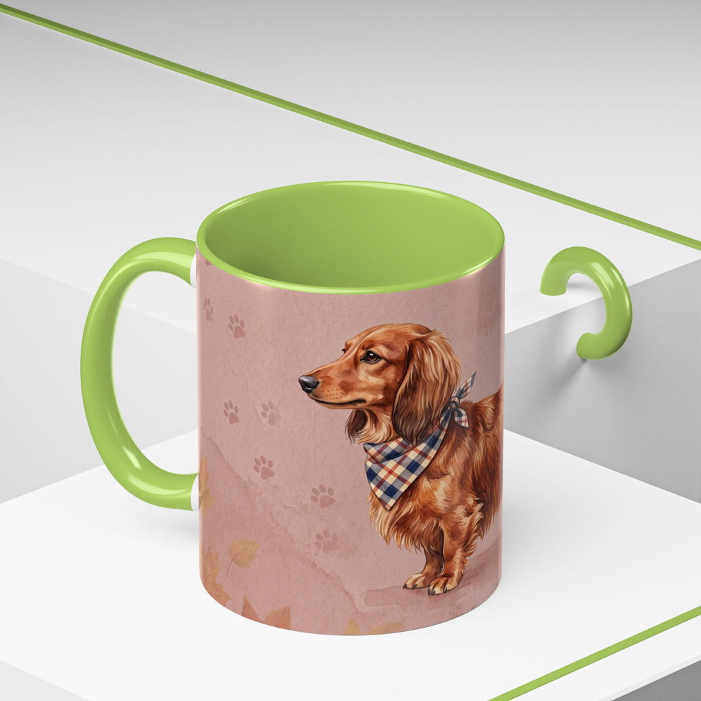 Dachshund Lover Mug | Long-Haired Wiener Dog with Plaid Bandana, Dusty Rose Watercolor Dog Gift