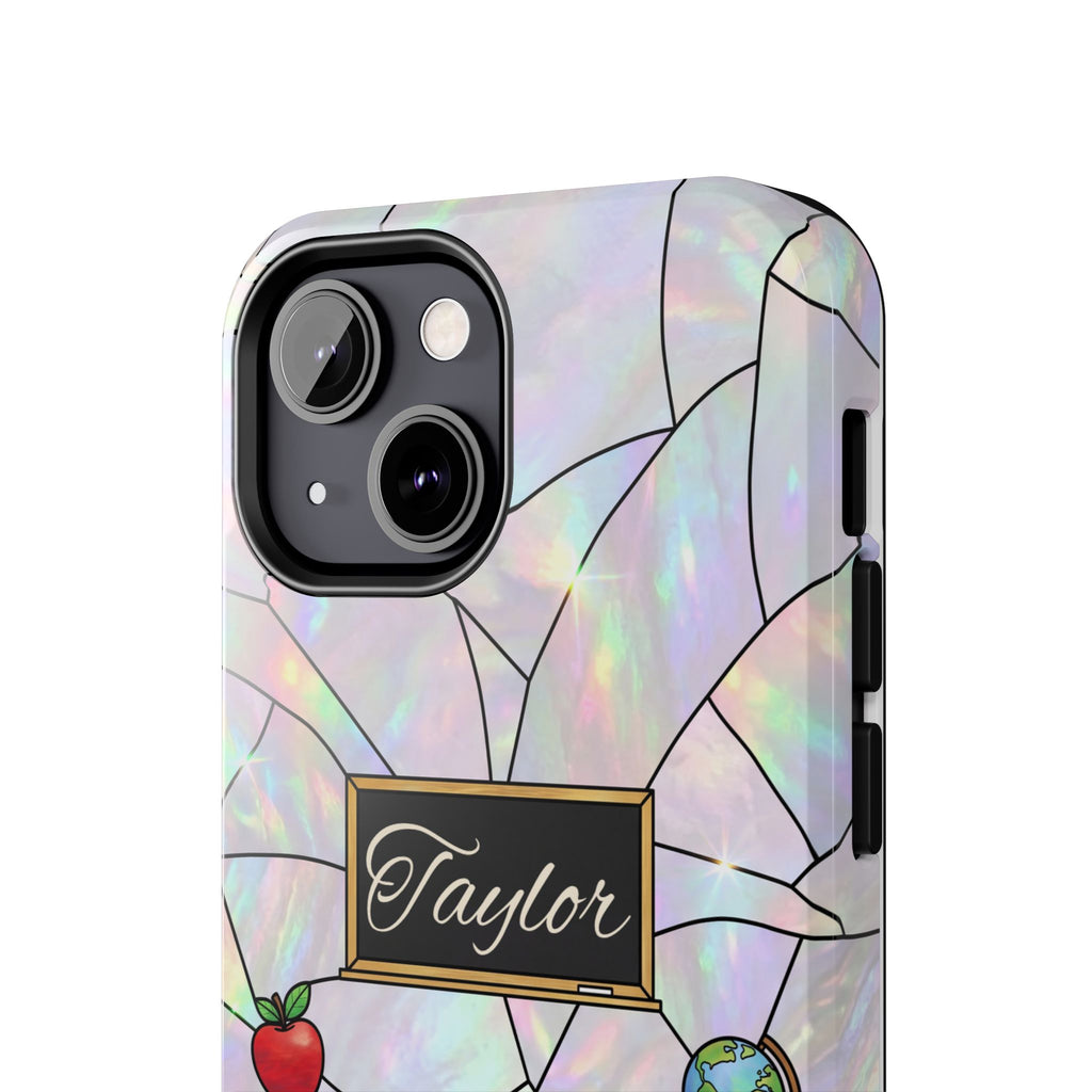 Personalized Teacher Phone Case — Custom Name Stained Glass Classroom Design