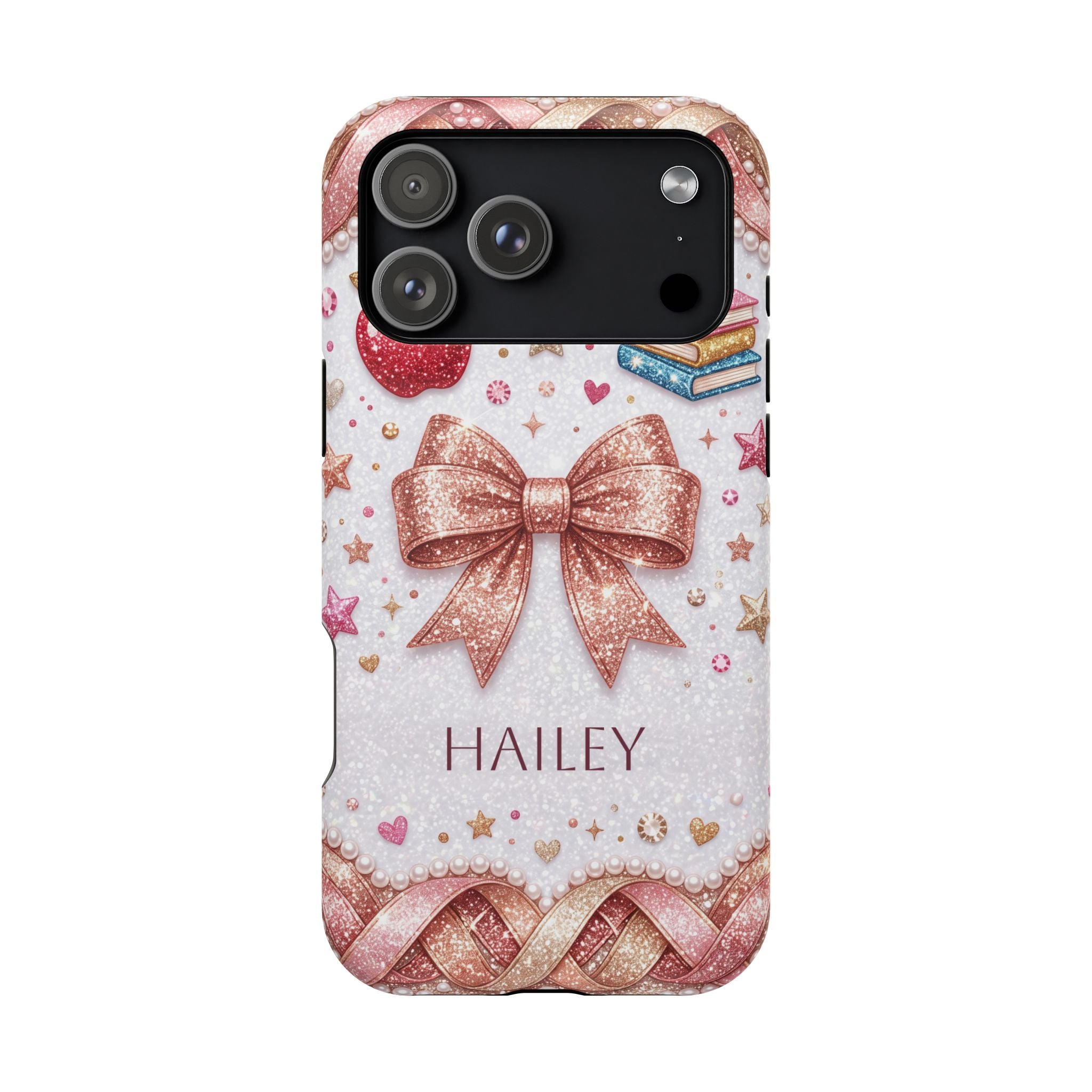 Rose Gold Glitter Bow Personalized Teacher Phone Case — Wireless Charging Cover