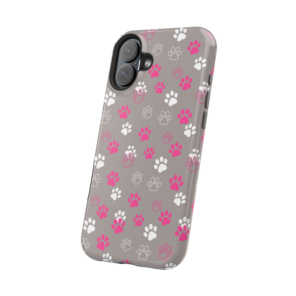Pink & White Paw Print Phone Case — Impact-Resistant Wireless Charging Cover