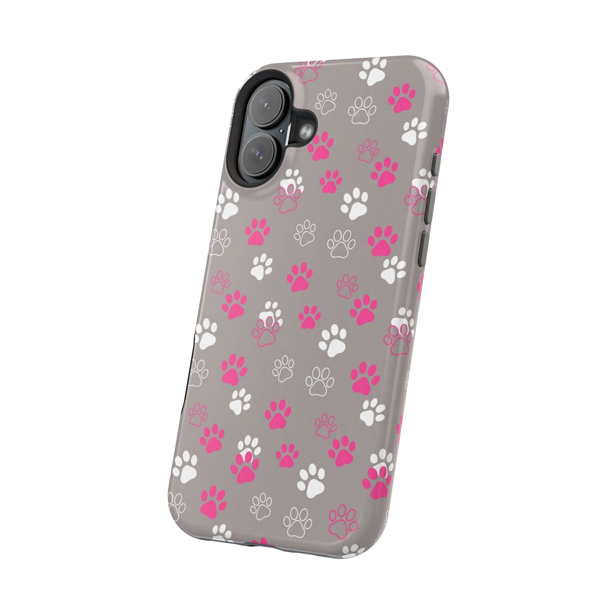Pink & White Paw Print Phone Case — Impact-Resistant Wireless Charging Cover