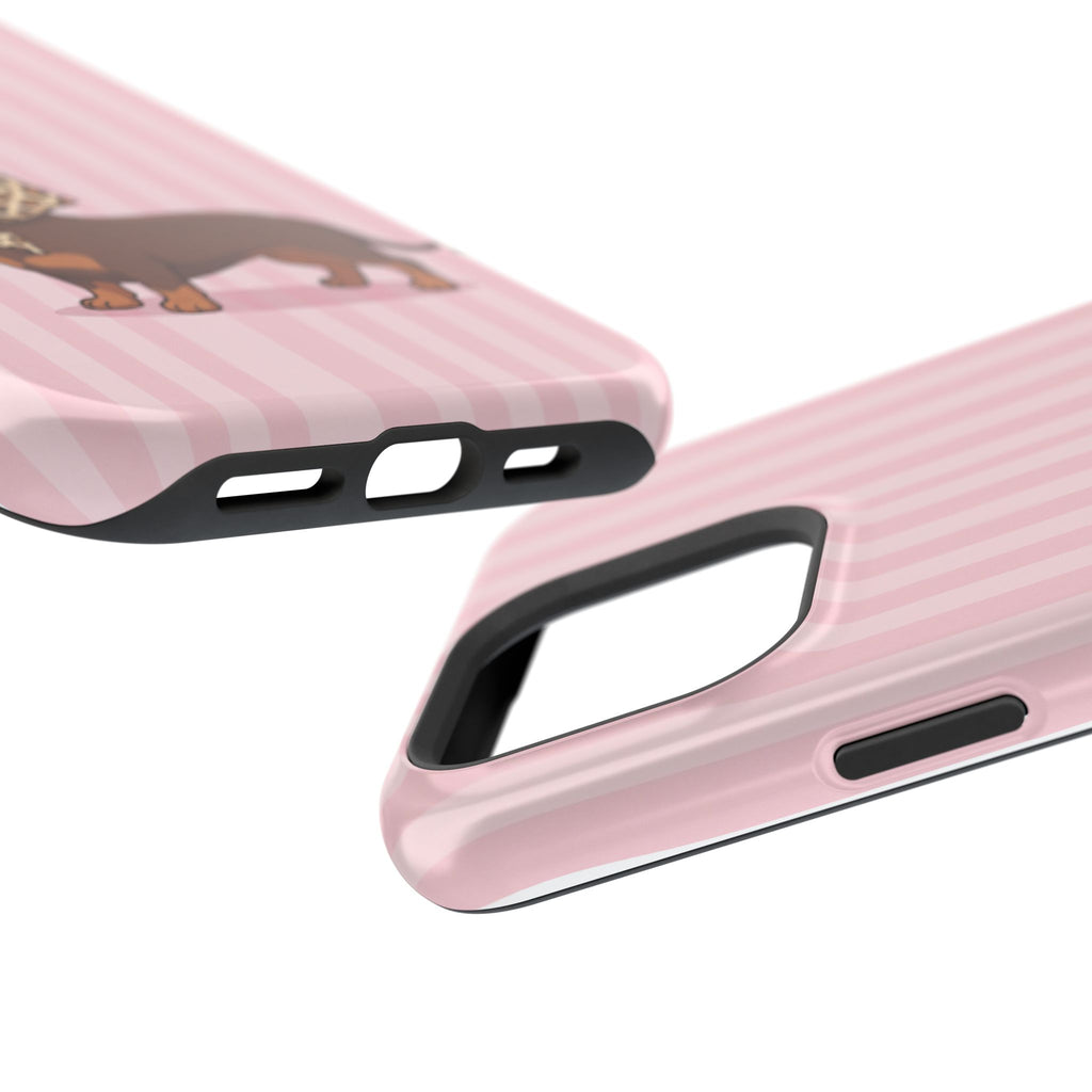 Glam Dachshund Phone Case | Cute Sausage Dog in Leopard Scarf & Sunglasses | Pink Stripe Case for iPhone & Samsung