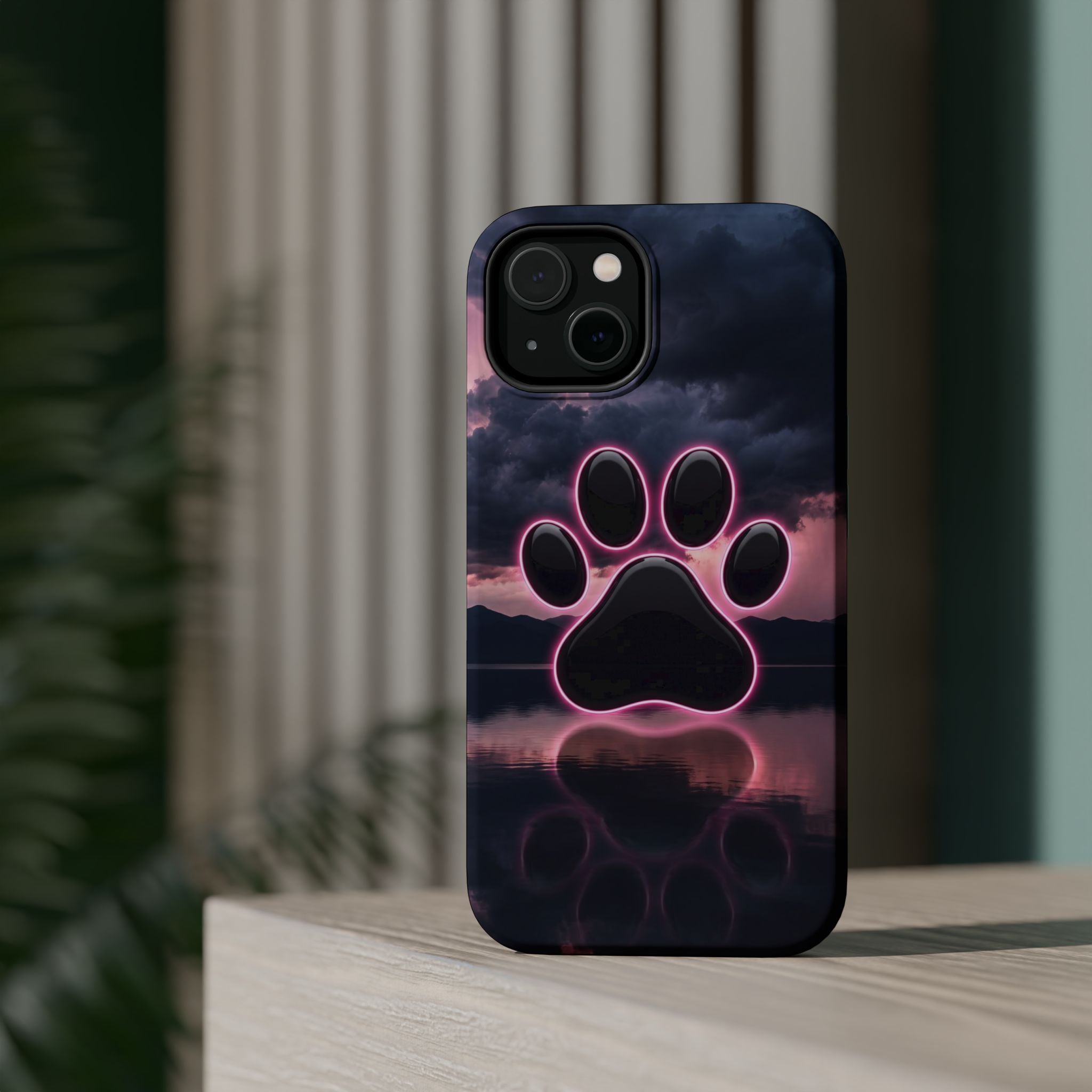 Neon Paw Print Phone Case — Impact-Resistant Wireless Charging Cover