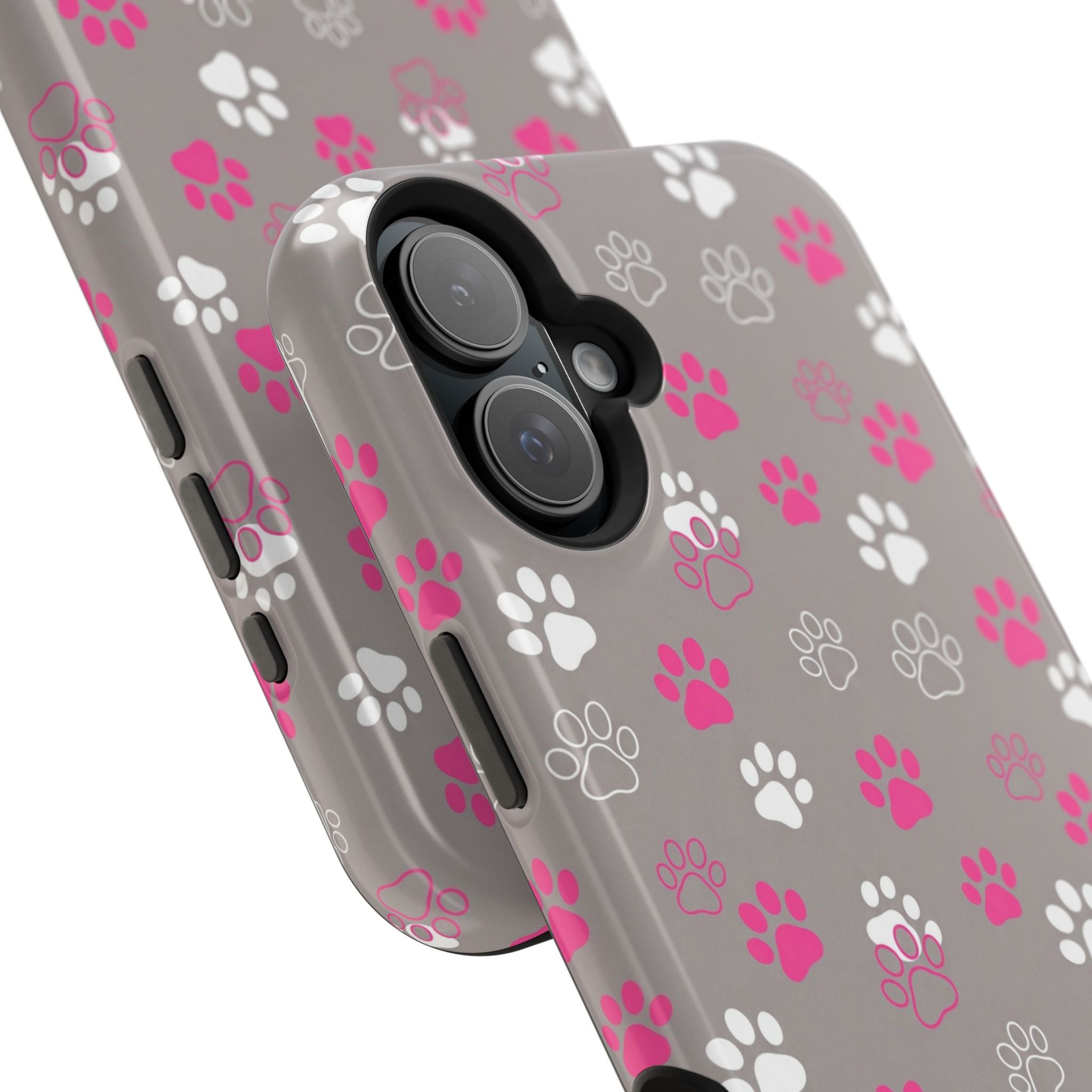 Pink & White Paw Print Phone Case — Impact-Resistant Wireless Charging Cover