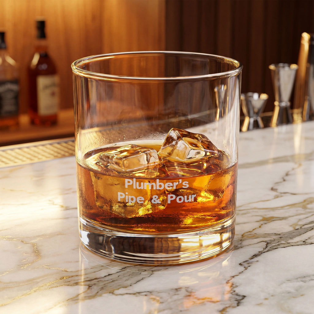 Personalized Pipe & Pour Whiskey Glass 10.5oz — Engraved Plumber Gift Rocks Tumbler