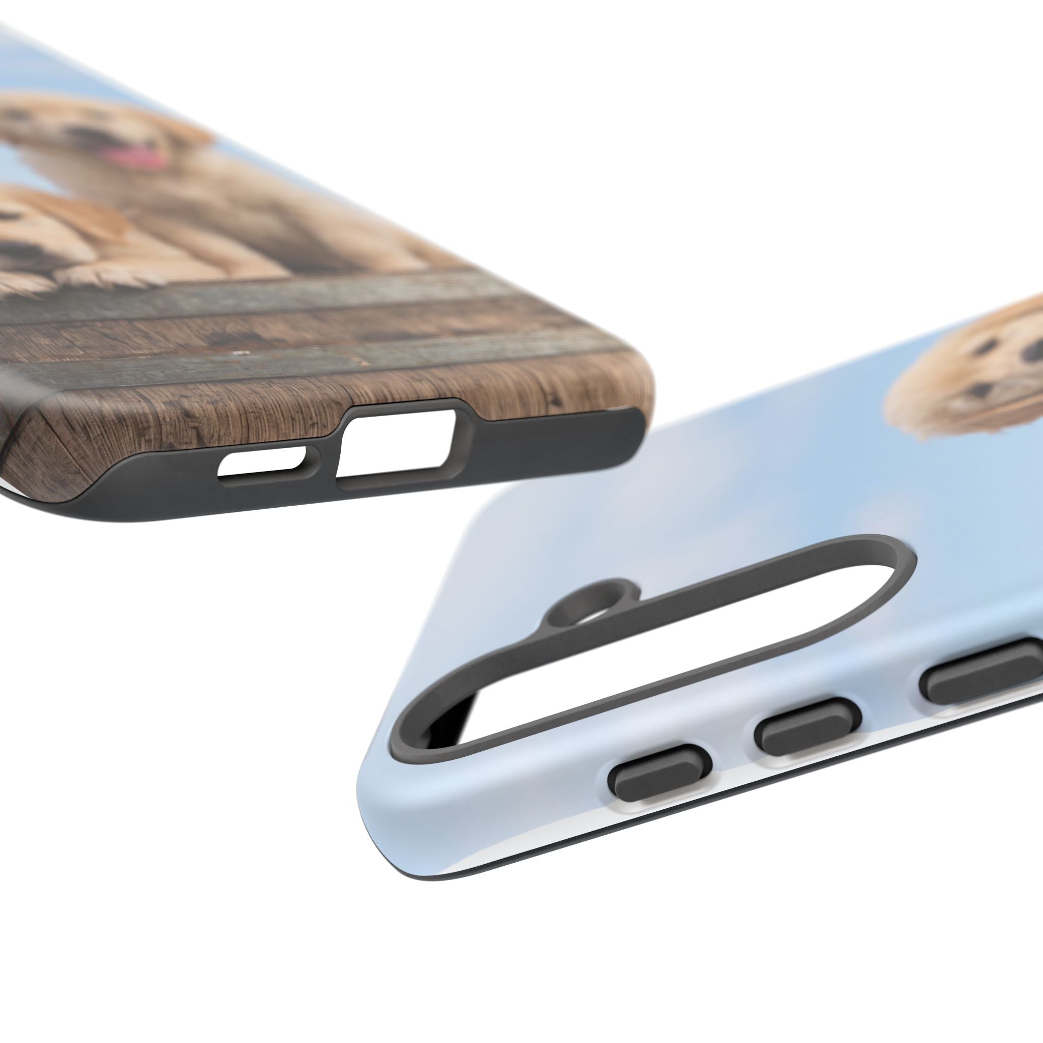 Golden Retriever Puppies on Barrel Phone Case | Cute Duo Under Blue Sky | iPhone & Samsung