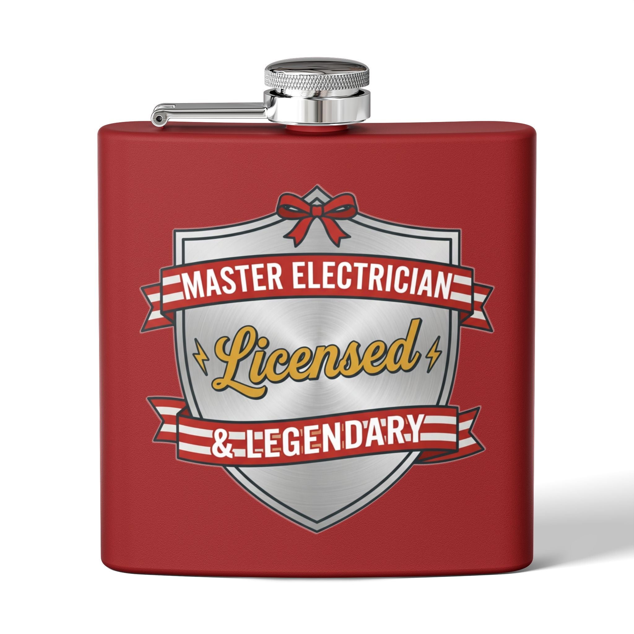 Flask — "Master Electrician: Licensed & Legendary" (Shield Badge) 6oz Stainless Steel Hip Flask
